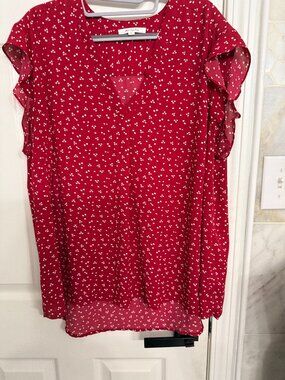 Market & Spruce Red Polka Dot Flutter Sleeve V-Neck Blouse XL